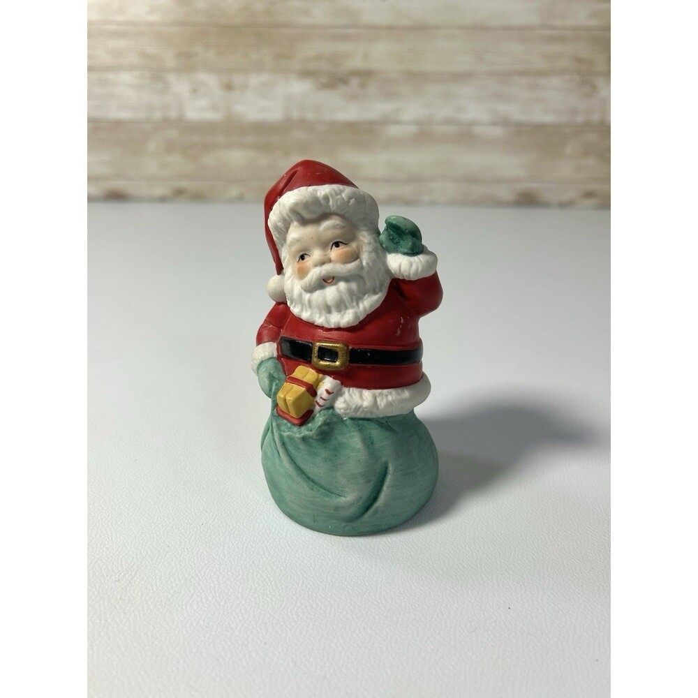 Ceramic Bell Santa Claus in Presents Gift Green Bag Vintage Waving